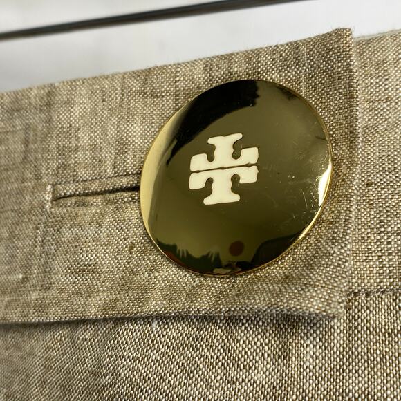 Tory Burch 100% Linen Pants Beige Wide Leg Sz 2 Logo Button Summer Luxury Y2K - Picture 3 of 8